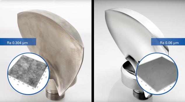 1) Turbine blades before and after stream finishing - often more than one surface finishing method is achieved in a single process