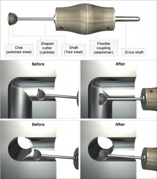 1) Orbitool deburrs cross-drilled holes and is available in the UK from Fintek